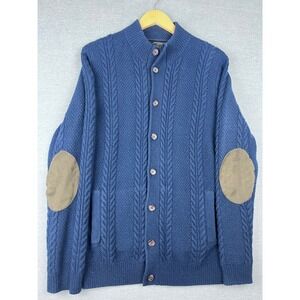 Jos A Bank Reserve Mens Blue Wool Cable Knit Cardigan Sweater Elbow Patches M